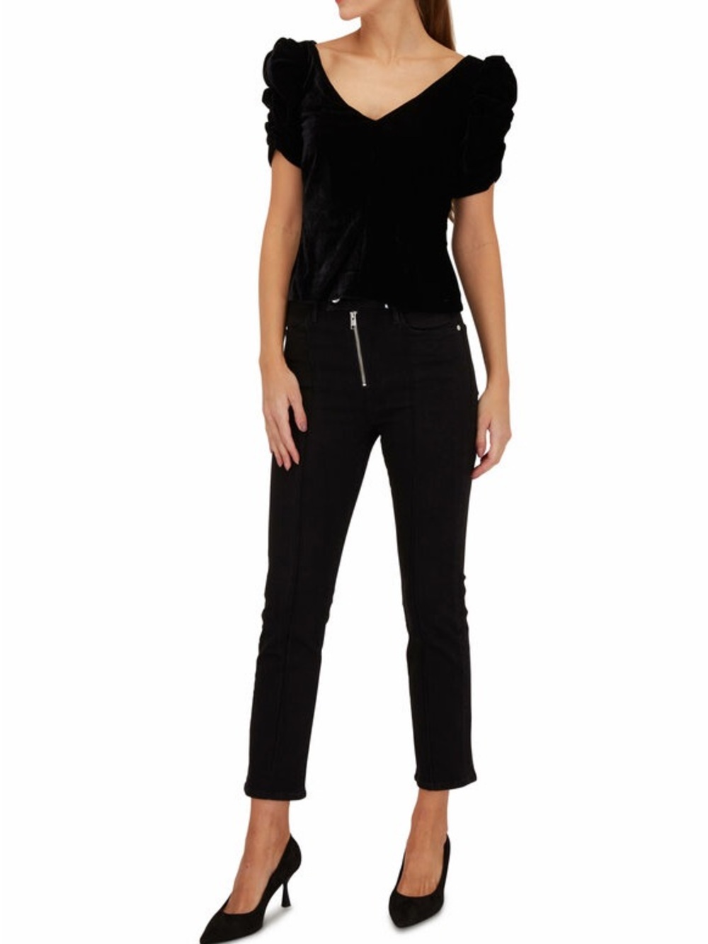 FRAME Noir Velvet Ruched Sleeve Top Large black glam holiday v-neck party flirty